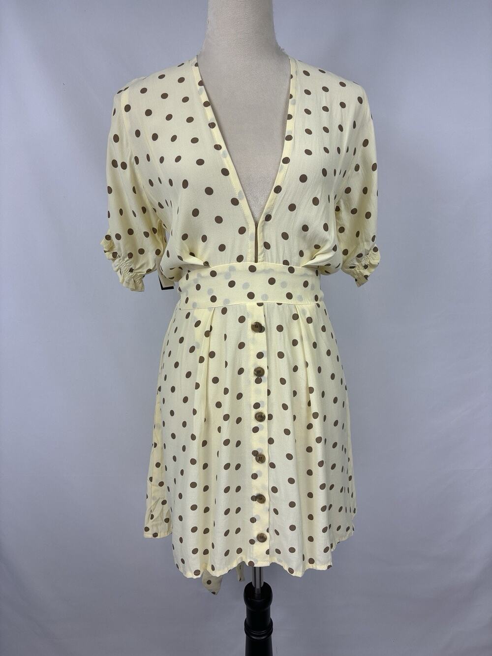 Faithfull the Brand Vanelli Mini Dress Sylve Dot Print Lemon 8 Cream Brown Dot